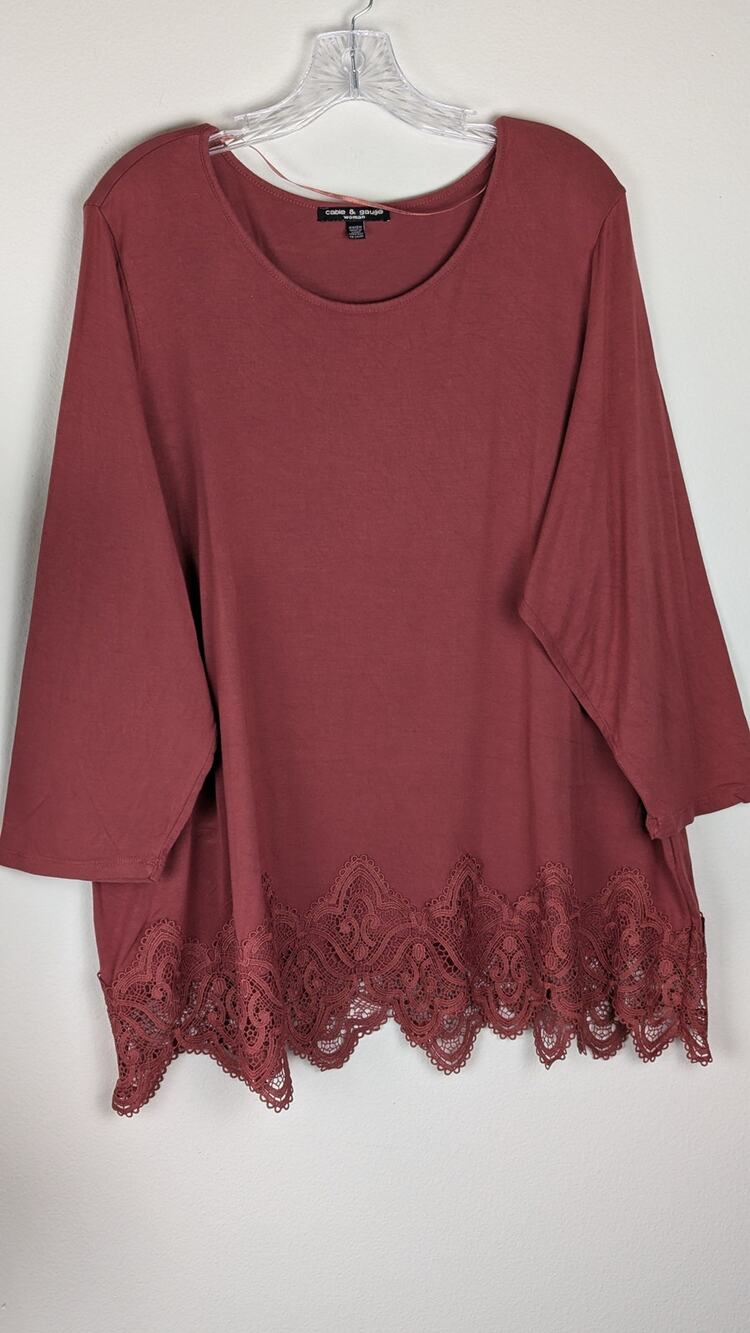 Cable & Gauge Woman 2X Rust Lace Hem Top | Soft Viscose Long Sleeve Plus Sz EUC